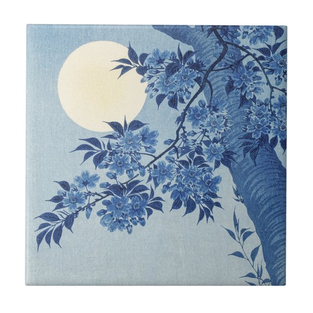 Chinoiserie Navy Blue Cherry Blossom & Full Moon Ceramic Tile (Front)