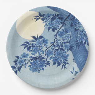 Chinoiserie Navy Blue Cherry Blossom & Full Moon Paper Plates