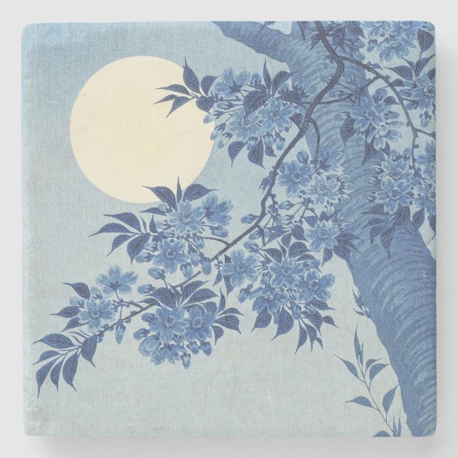 Chinoiserie Navy Blue Cherry Blossom & Full Moon Stone Coaster (Front)