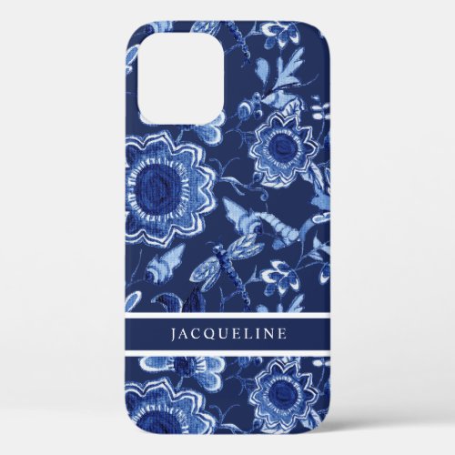 Chinoiserie Navy Blue Floral Greenery Dragonfly iPhone 12 Case