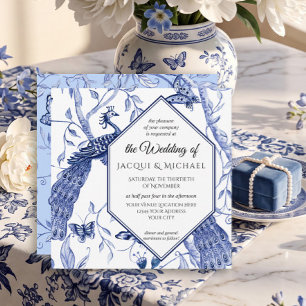 Chinoiserie Navy Blue Peacock Butterfly Hexagon Invitation