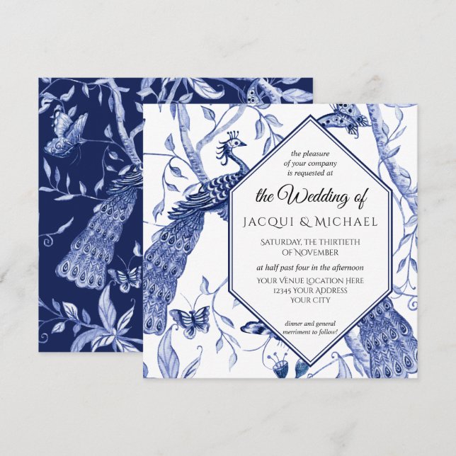 Chinoiserie Navy Blue Peacock Butterfly Hexagon Invitation (Front/Back)