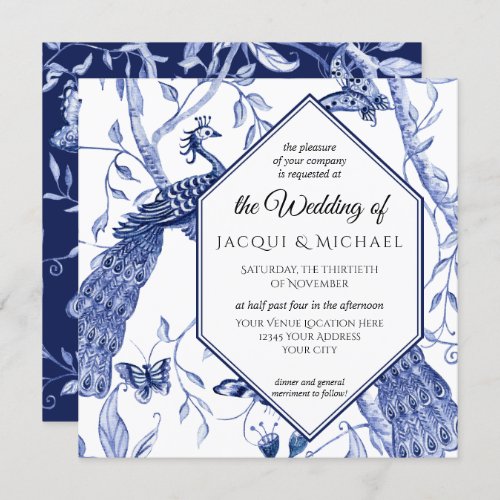 Chinoiserie Navy Blue Peacock Butterfly Hexagon Invitation