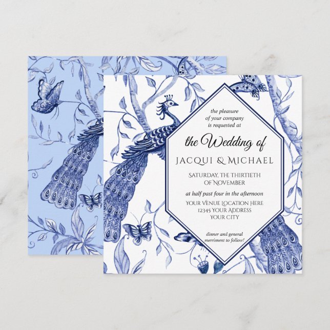 Chinoiserie Navy Blue Peacock Butterfly Hexagon Invitation (Front/Back)