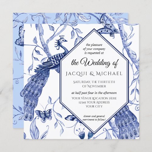 Chinoiserie Navy Blue Peacock Butterfly Hexagon Invitation