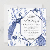 Chinoiserie Navy Blue Peacock Butterfly Wedding Invitation (Front)