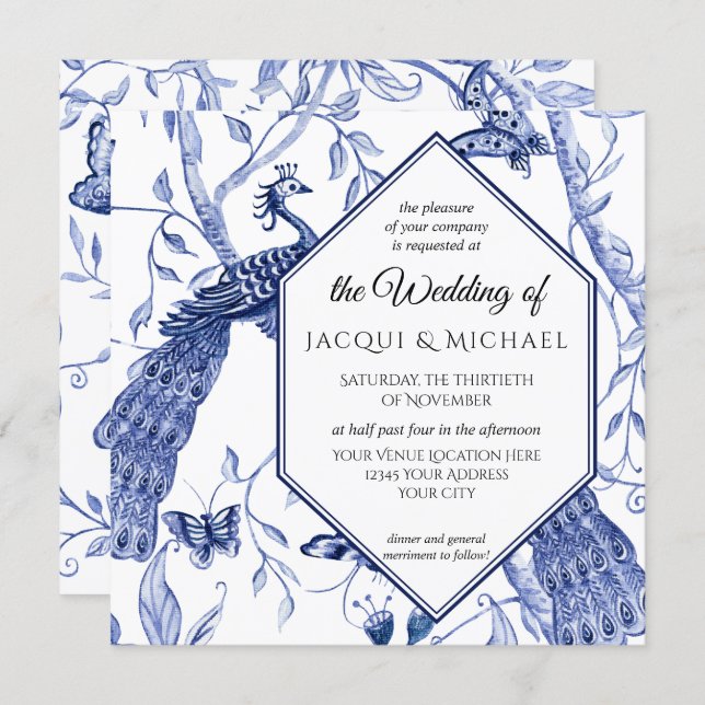 Chinoiserie Navy Blue Peacock Butterfly Wedding Invitation (Front/Back)