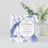 Chinoiserie Navy Blue Peacock Butterfly Wedding Invitation (Standing Front)