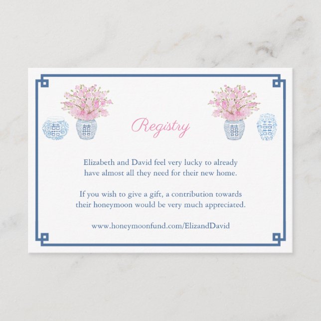 Chinoiserie Navy Blue Pink Wedding Shower Registry Enclosure Card (Front)