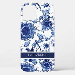 Chinoiserie Navy Blue White Floral Leaf Dragonfly iPhone 12 Case