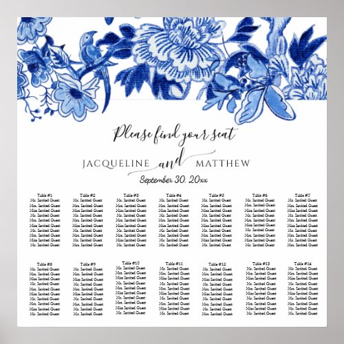 Chinoiserie Navy Blue White Floral Seating Chart