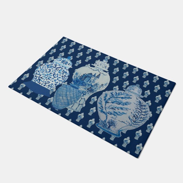 Chinoiserie Navy Blue  White Ginger Jars Jar Doormat (Angled)
