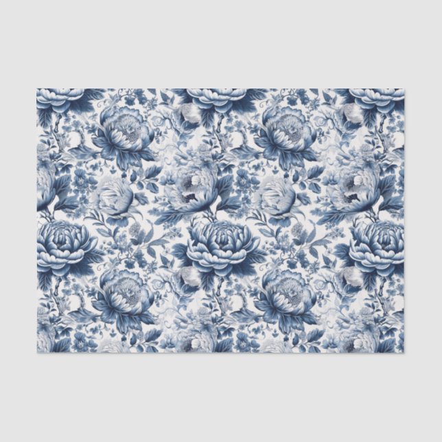 Chinoiserie Navy Blue White Peony Floral Decoupage Tissue Paper (Front)