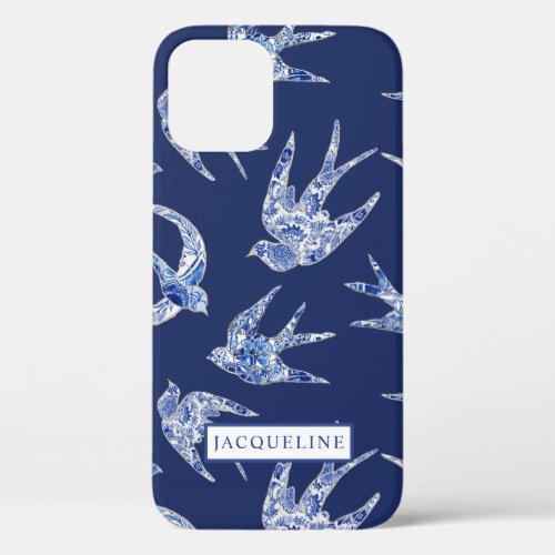 Chinoiserie Navy Blue White Swallows Birds w Name iPhone 12 Case