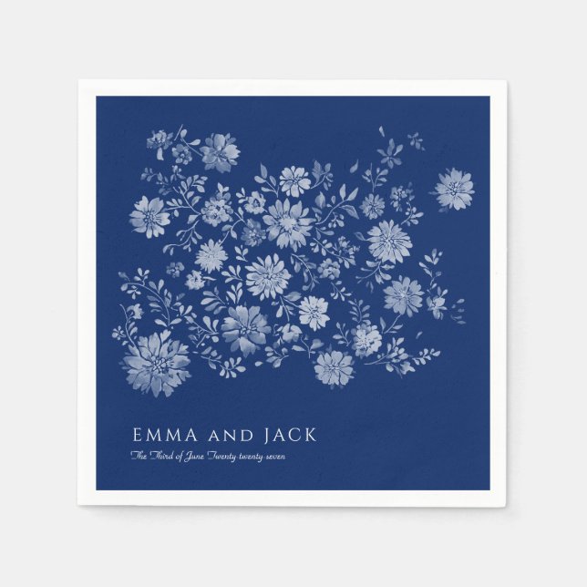 Chinoiserie Navy Blue Wildflower Bouquet Wedding Napkins (Front)