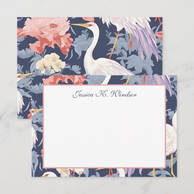 Chinoiserie Navy Floral Egret Personalized Thank You Card (Front/Back)