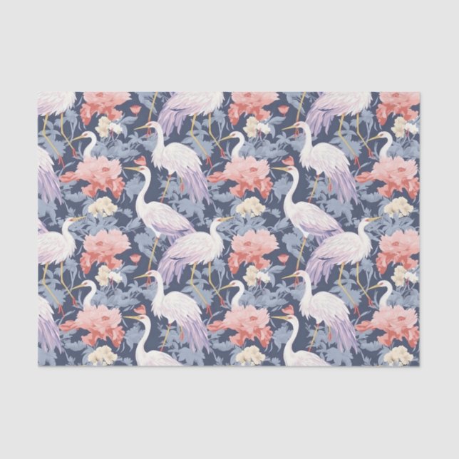 Chinoiserie Navy Floral Egret Tissue Paper (Front)