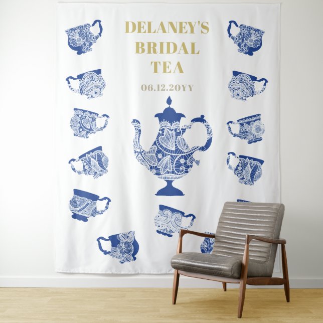 Chinoiserie Navy Tea Lace Bridal Shower Backdrop (In Situ)