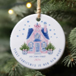 Chinoiserie New Home First Christmas Ornament<br><div class="desc">This beautiful Chinoiserie style ornament commemorates the "First Christmas in Our New Home" moment of your lifes. Featuring a charming illustration of a cozy watercolor Chinoiserie themed house, it is the perfect keepsake to celebrate a major milestone. Personalize your holiday decor with this trendy 2024 ornament and cherish the memory...</div>