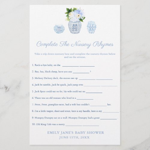 Chinoiserie Nursery Rhymes Baby Shower Game Card
