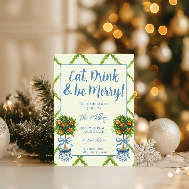 Chinoiserie Orange Citrus Topiary Christmas Party Invitation (Creator Uploaded)