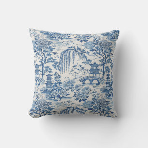 Chinoiserie Pagoda and Birds Blue Floral Design Outdoor Pillow