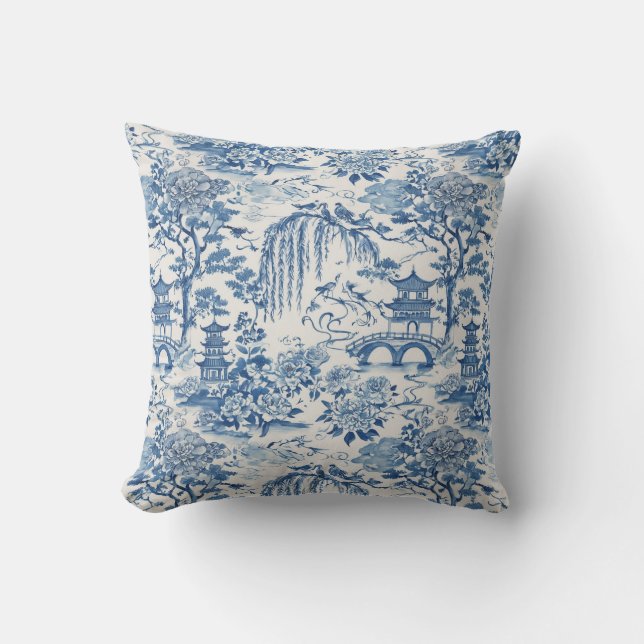 Chinoiserie Pagoda and Birds Blue Floral Design Outdoor Pillow (Front)
