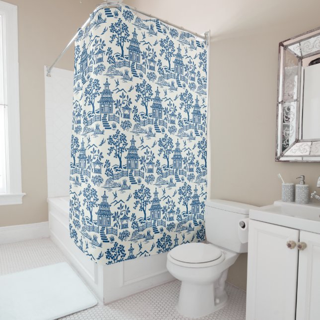 Chinoiserie Pagoda Blue on White Shower Curtain (In Situ)