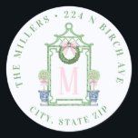 Chinoiserie Pagoda Christmas Return Address Classic Round Sticker<br><div class="desc">This sticker has a preppy grandmillennial design featuring a green pagoda with a Christmas Wreath adorned with a pink gingham bow. On either side are topiaries in Chinoiserie pots. You can personalize with your initial,  name and address.</div>