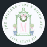 Chinoiserie Pagoda Christmas Return Address Classic Round Sticker<br><div class="desc">This sticker has a preppy grandmillennial design featuring a green pagoda with a Christmas Wreath adorned with a pink gingham bow. On either side are topiaries in Chinoiserie pots. You can personalize with your initial,  name and address.</div>