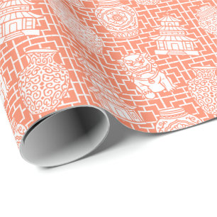 Chinoiserie Pagoda – Coral Preppy Asian Garden Wrapping Paper