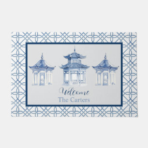 Chinoiserie Pagoda Custom Name Welcome Doormat