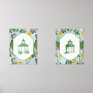 Chinoiserie Pagoda Floral Design Wall Art Sets