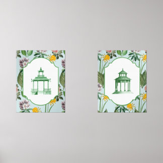 Chinoiserie Pagoda Floral Design Wall Art Sets