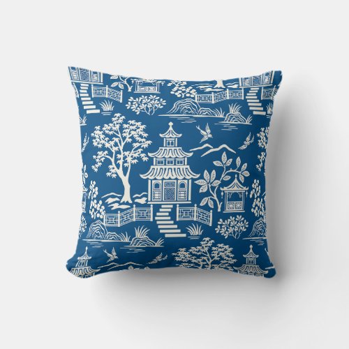 Chinoiserie Pagoda Royal Blue Throw Pillow