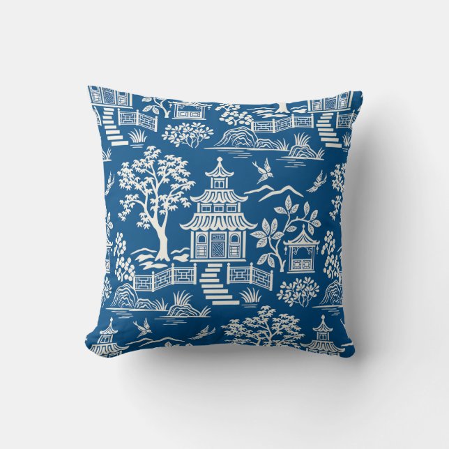 Chinoiserie Pagoda Royal Blue Throw Pillow (Front)