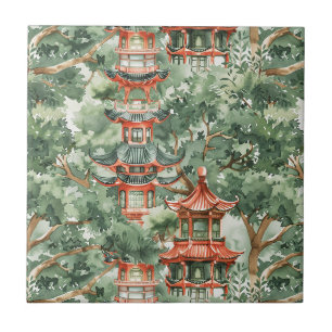 Chinoiserie Pagoda Sage Green Forest Ceramic Tile