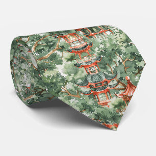 Chinoiserie Pagoda Sage Green Forest Neck Tie