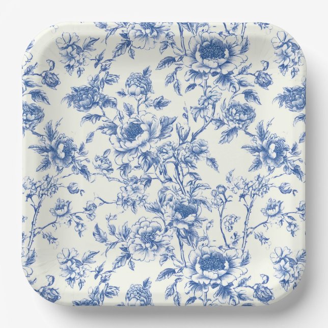 Chinoiserie Paper Plates, Blue Floral Party Plates (Front)