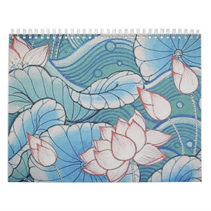 Chinoiserie Pastel Oriental Pink & Blue Floral Calendar