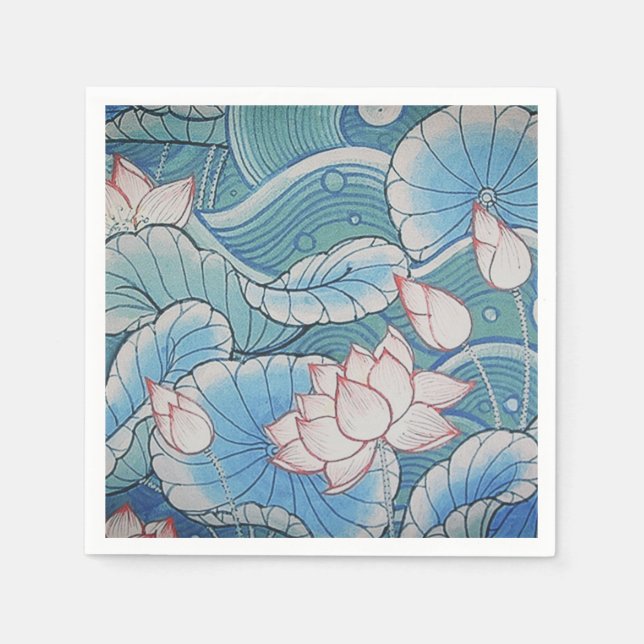 Chinoiserie Pastel Oriental Pink & Blue Floral Paper Napkins (Front)