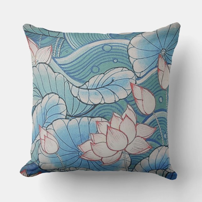 Chinoiserie Pastel Oriental Pink & Blue Floral Throw Pillow (Front)