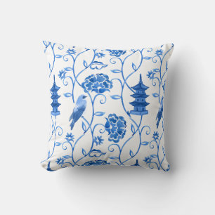 Chinoiserie Pattern Blue Watercolor Floral Pagoda Throw Pillow