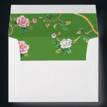 Chinoiserie pattern lined  return address  envelope<br><div class="desc">Personalized ,  chinoiserie pattern lined interior with dark green return address on back flap note card envelope.</div>