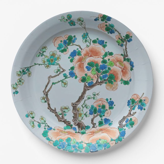 Chinoiserie Peach Blossom Faux China Paper Plates (Front)