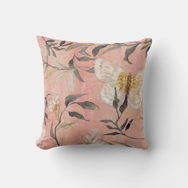 Chinoiserie Peach Butterfly Eucalyptus Greenery Throw Pillow (Front)