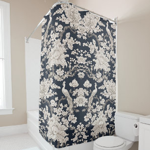 Chinoiserie Peacock Bird Black & White Floral Shower Curtain