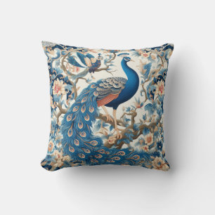 Chinoiserie Peacock Blue and White Throw Pillow