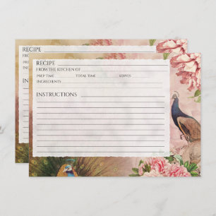 Chinoiserie Peacock Blush Peony Bridal Recipe Card