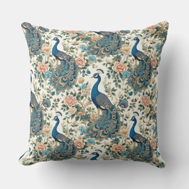 Chinoiserie Peacock Floral Throw Pillow (Front)